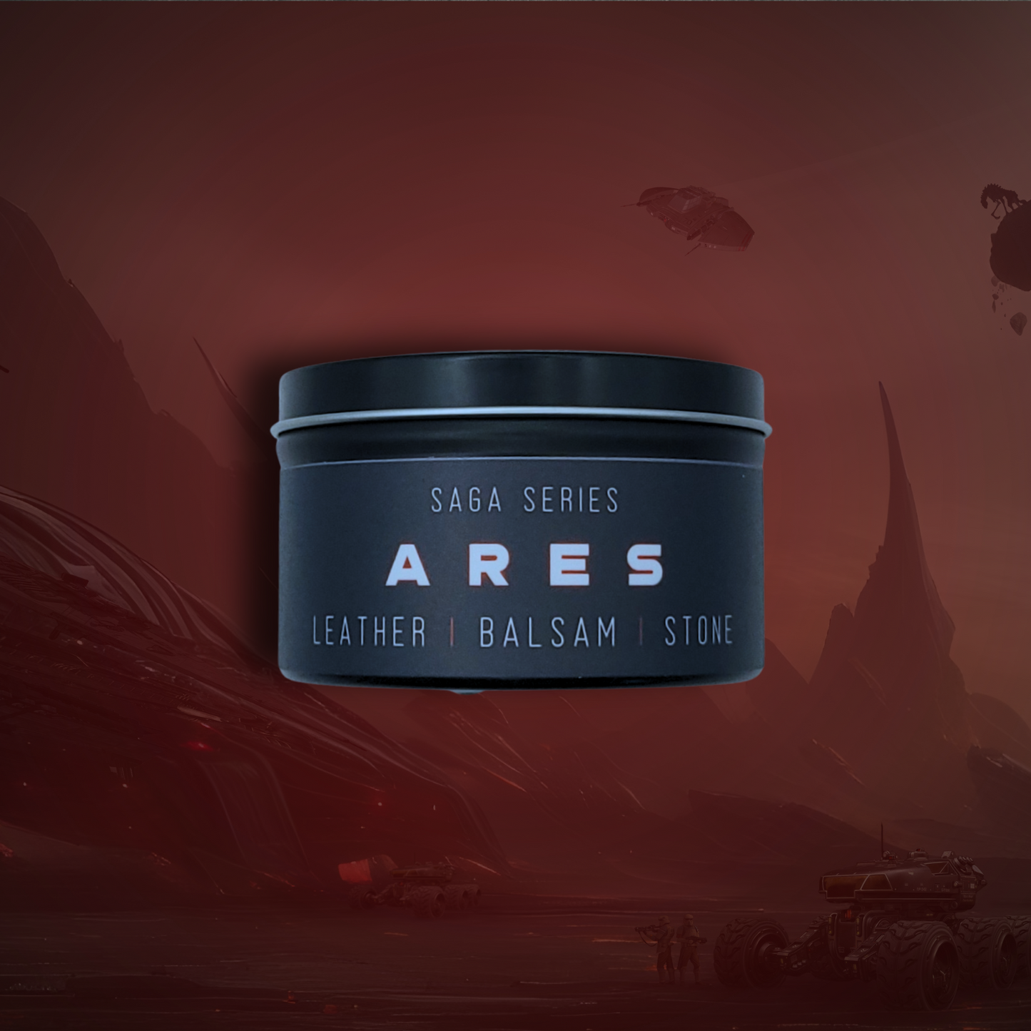 8oz Ares candle by Emberlight Archives in a black tin with black label against a red background, Leather & Balsam scent.