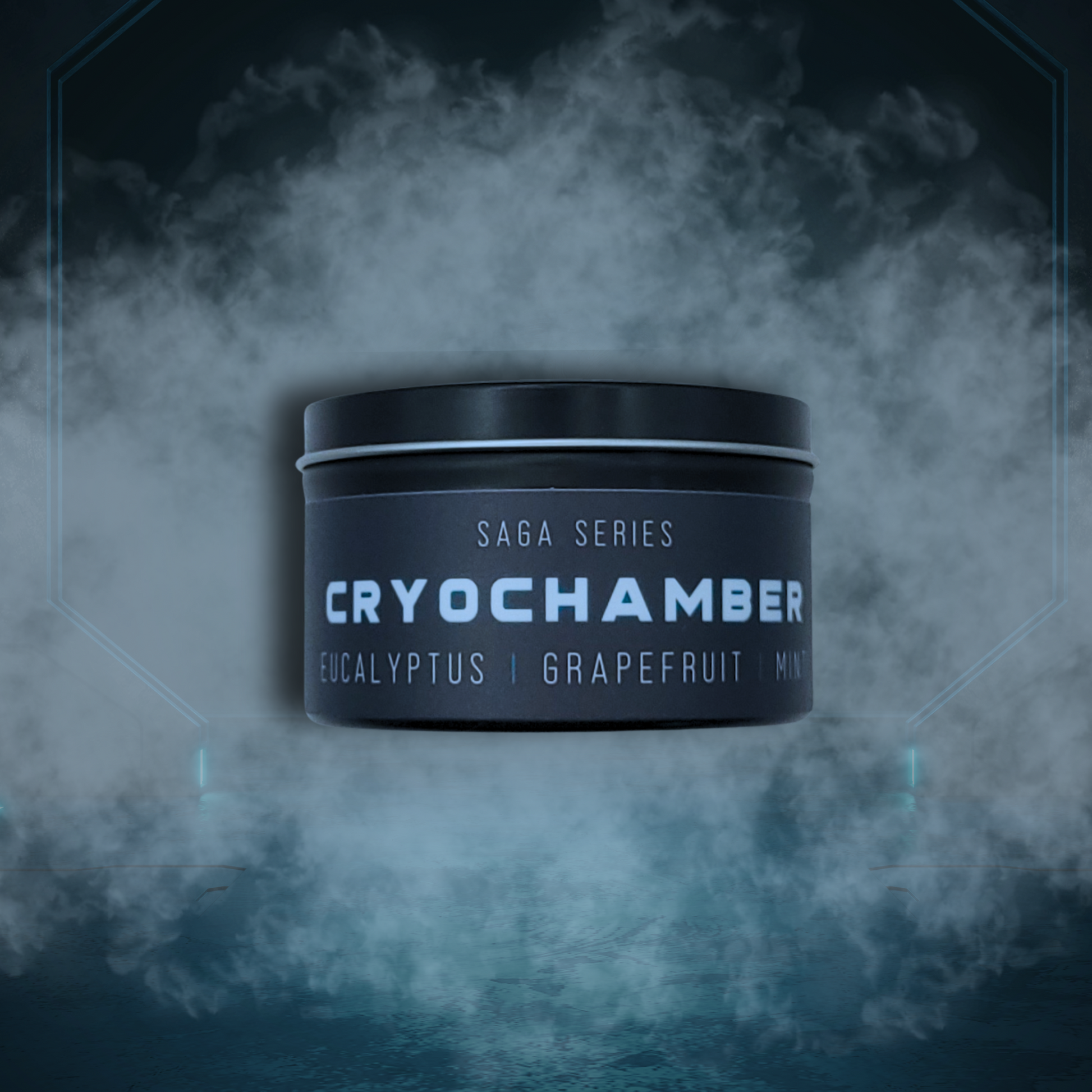 8oz Cryochamber candle by Emberlight Archives in a black tin with black label against a misty blue background, Grapefruit Mint scent.
