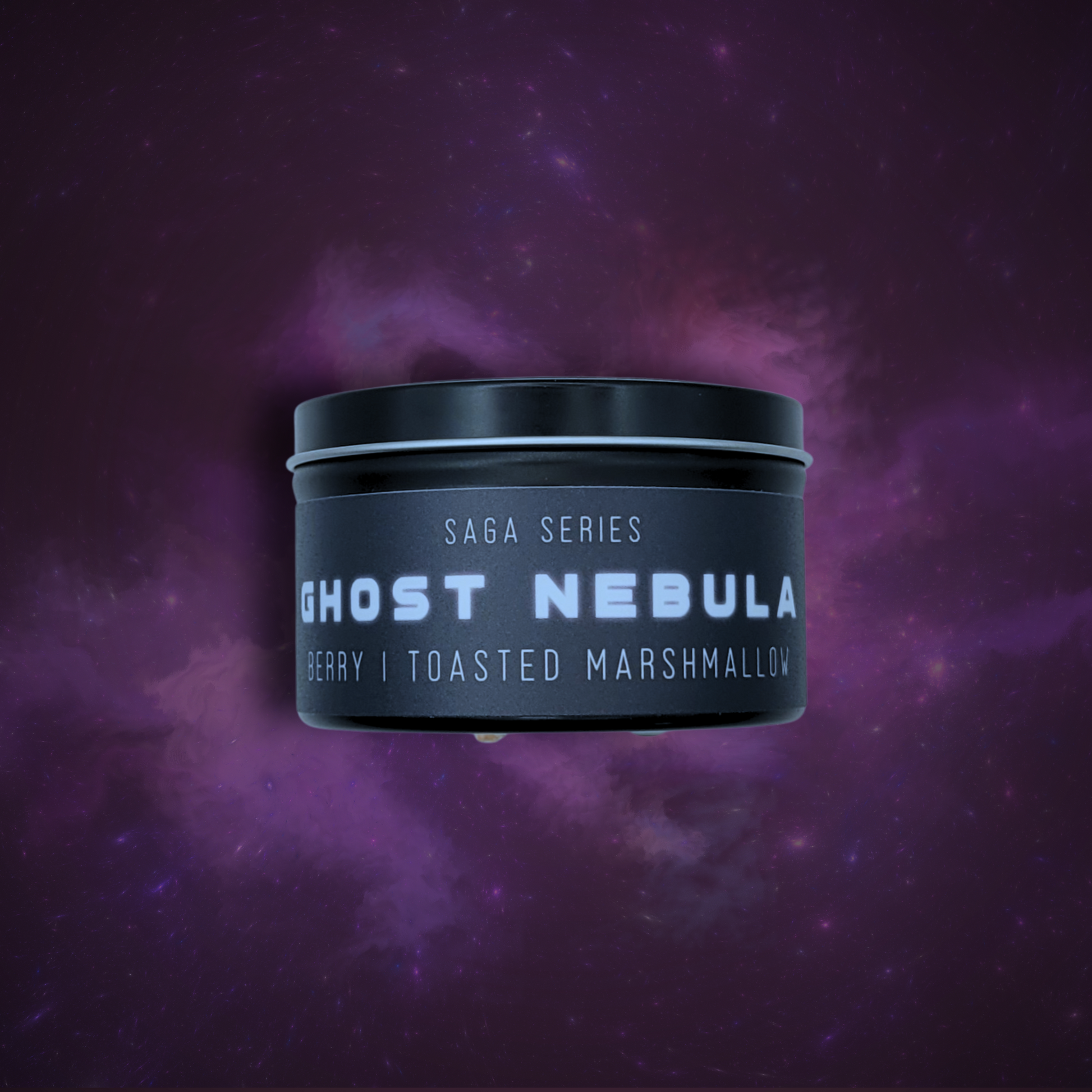 8oz Ghost Nebula candle by Emberlight Archives in a black tin with illustrated nebula label against a purple background, Berry & Marshmallow scent.
