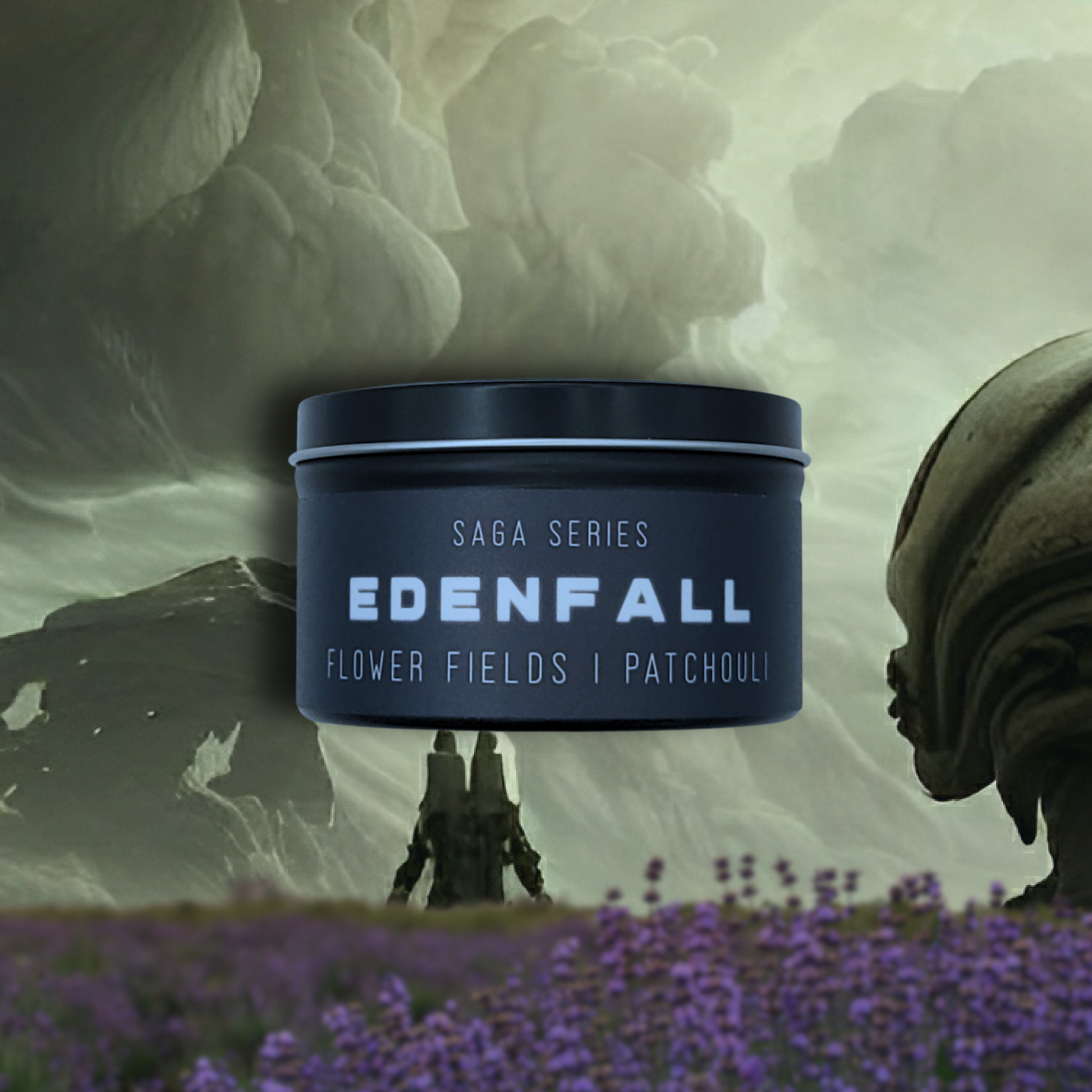 8oz Edenfall candle by Emberlight Archives in a black tin with illustrated sci-fi label against a spooky background, Patchouli & Flower Fields scent.