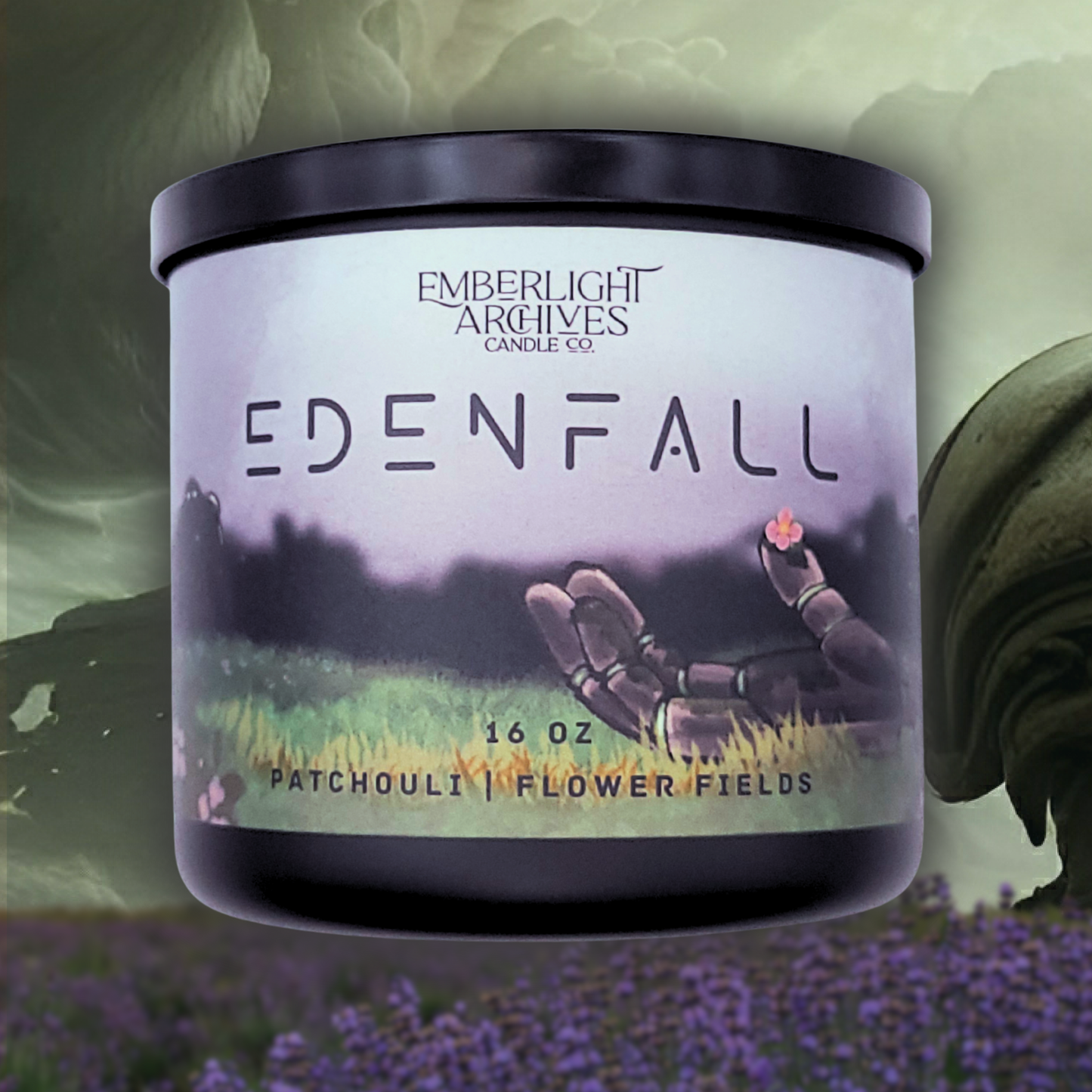 16oz Edenfall candle in a black jar with label featuring a hand holding a flower over a spooky background, Patchouli & Flower Fields scent.