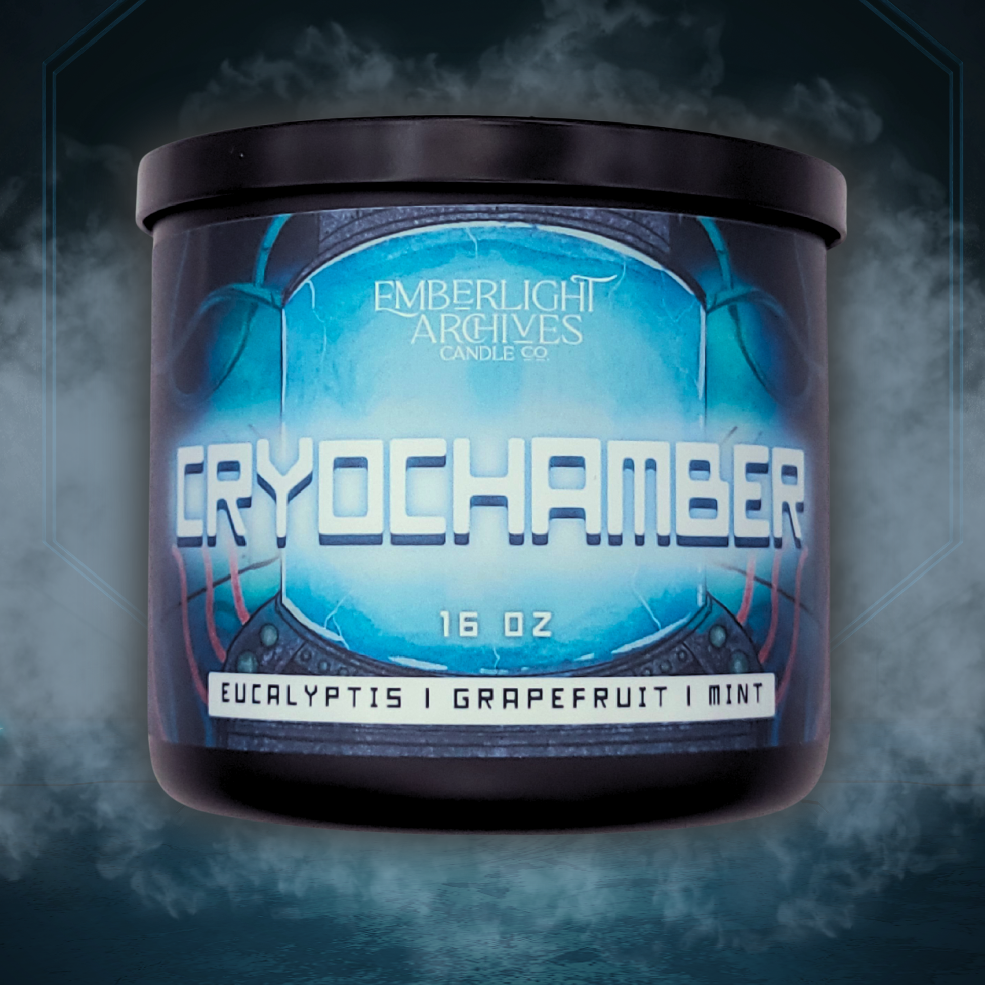 16oz Cryochamber candle by Emberlight Archives in a black glass jar with illustrated sci-fi label against a misty blue background, Grapefruit Mint scent.