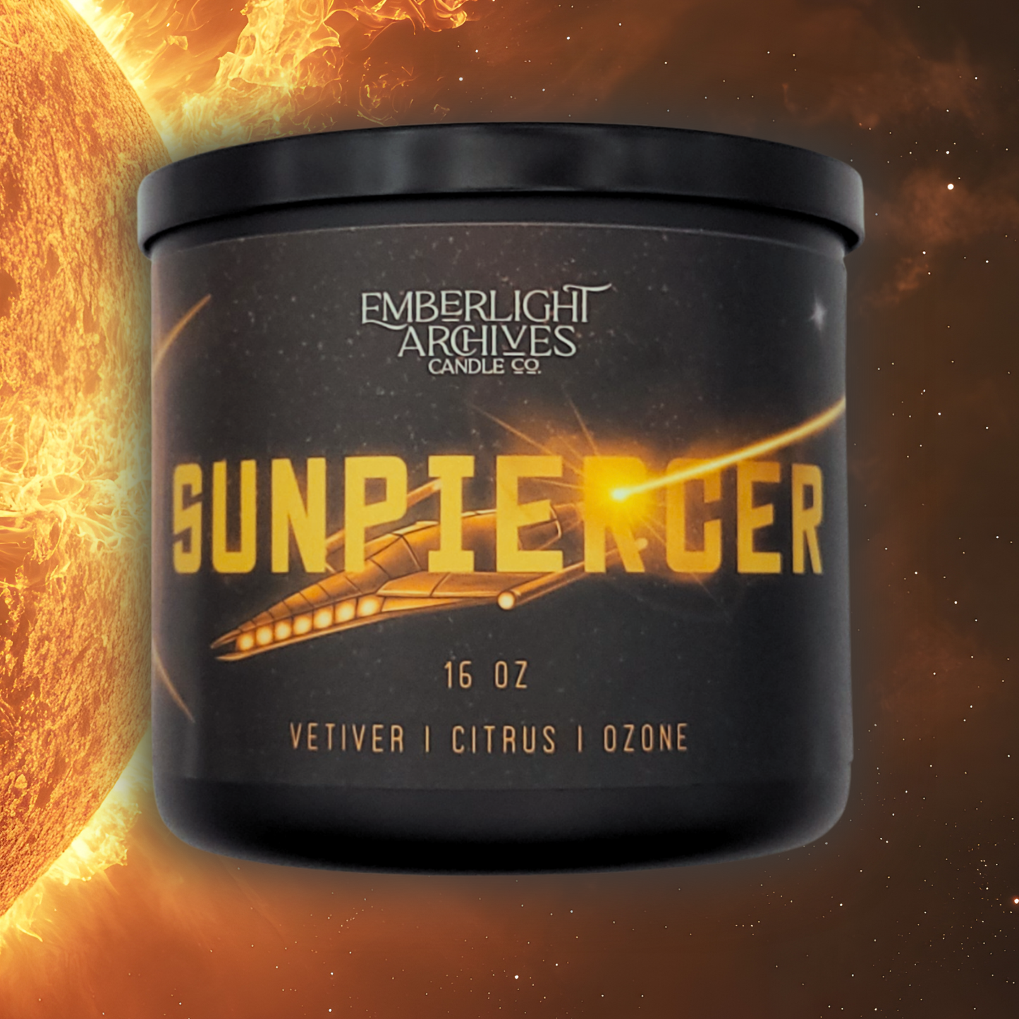 16oz Sunpiercer candle by Emberlight Archives in a black glass jar with illustrated spaceship label against an fiery background, Citrus scent.