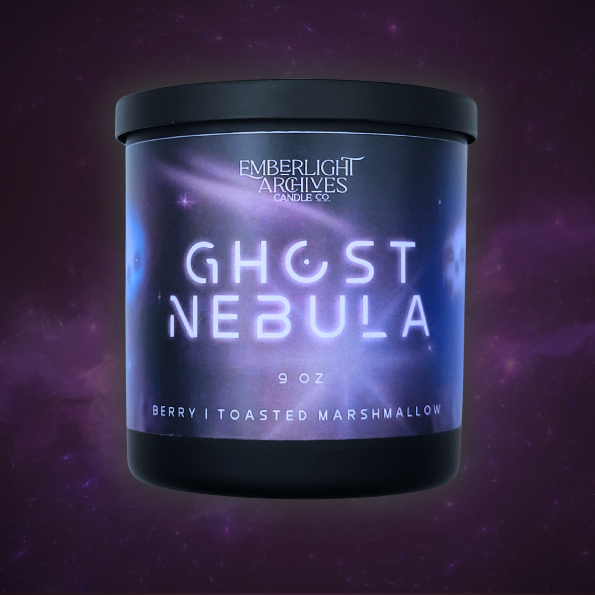 9oz Ghost Nebula candle by Emberlight Archives in a black glass jar with illustrated nebula label against a purple background, Berry & Marshmallow scent.