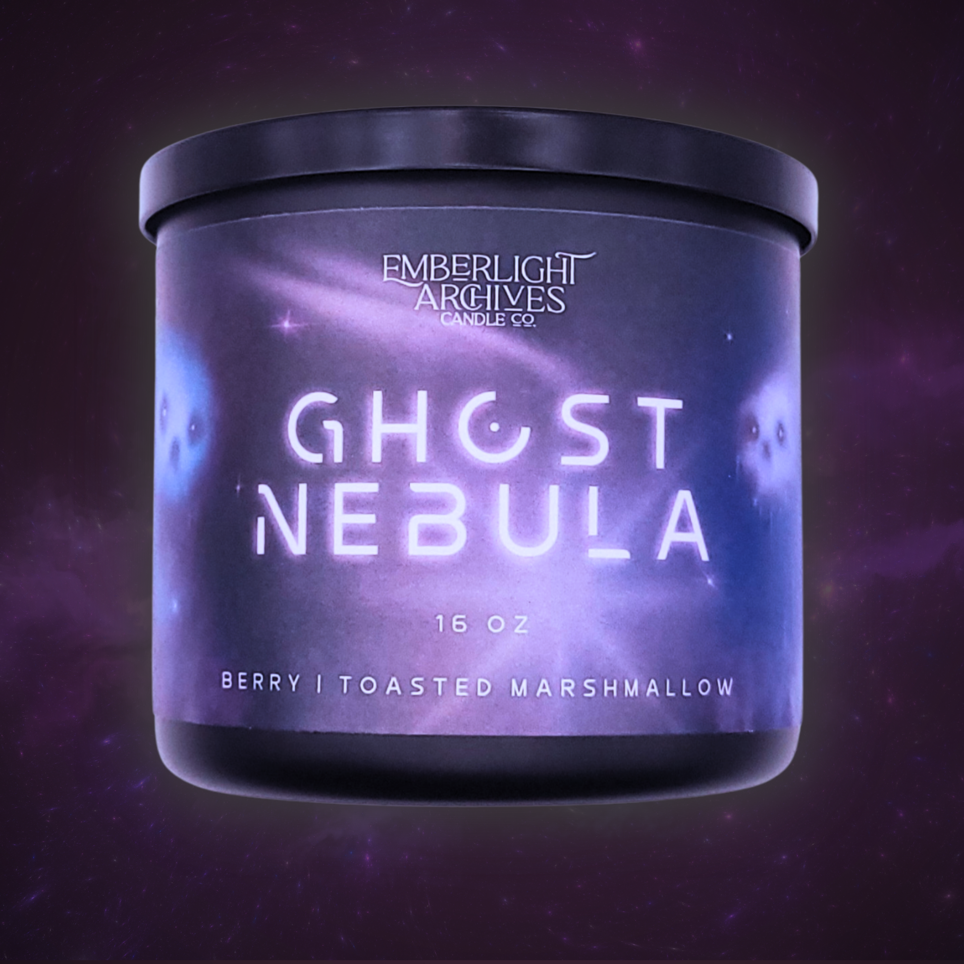 16oz Ghost Nebula candle by Emberlight Archives in a black glass jar with illustrated nebula label against a purple background, Berry & Marshmallow scent.
