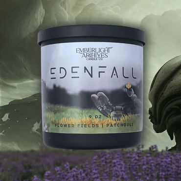 9oz Edenfall candle by Emberlight Archives in a black glass jar with illustrated sci-fi label against a spooky background, Patchouli and Flower Fields scent.