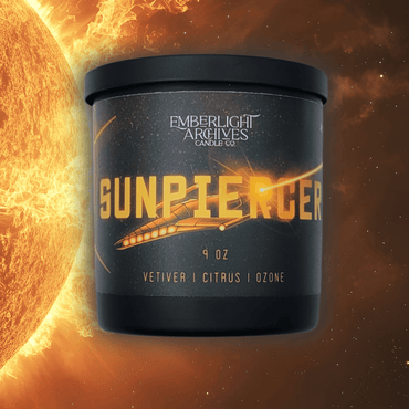 9oz Sunpiercer candle by Emberlight Archives in a black glass jar with illustrated spaceship label against an fiery background, Citrus scent.