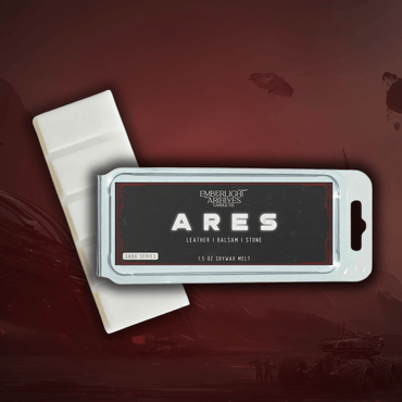 Ares wax melt bar by Emberlight Archives with a black label against a red background, Masculine scent.