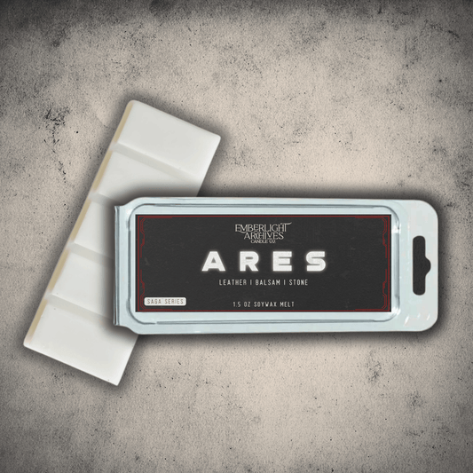 Emberlight Archives Ares wax melt bar with a black label against a gray stone background.