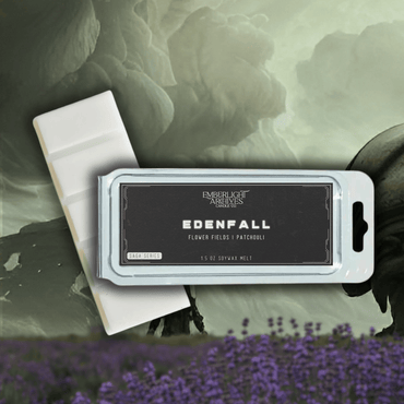 Edenfall wax melt bar by Emberlight Archives with a black label against a spooky background, Florals and Patchouli scent.