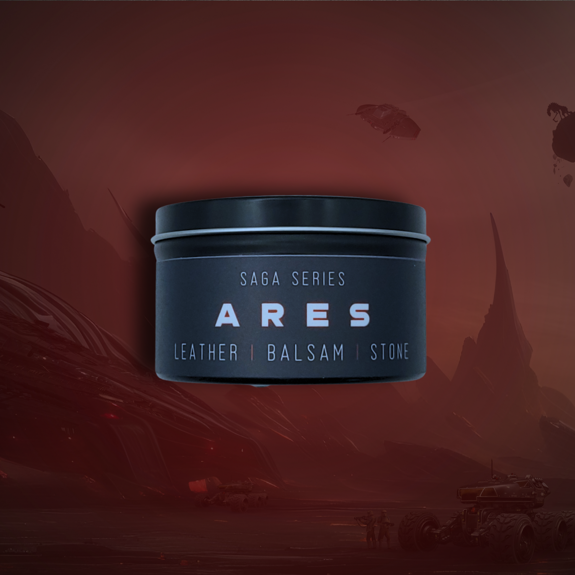 8oz Ares candle by Emberlight Archives in a black tin with black label against a red background, Leather & Balsam scent.