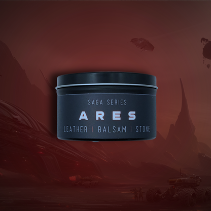 8oz Ares candle by Emberlight Archives in a black tin with black label against a red background, Leather & Balsam scent.
