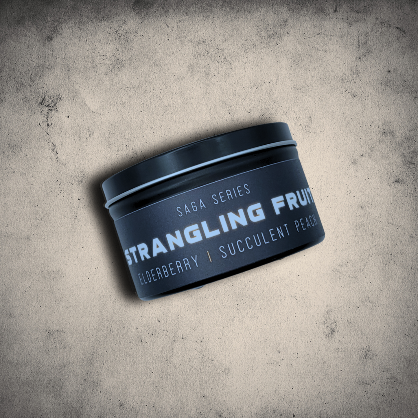 Emberlight Archives Strangling Fruit candle in an 8oz black tin with black label against a gray stone background, Elderberry & Peach scent.