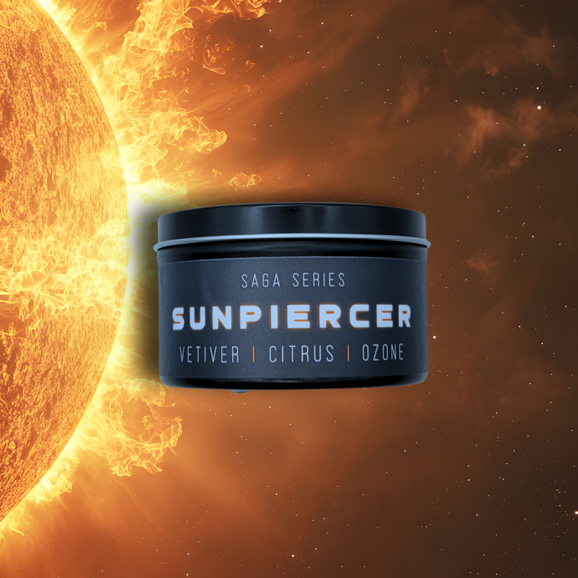 8oz Sunpiercer candle by Emberlight Archives in a black tin with black label against an fiery background, Citrus scent.