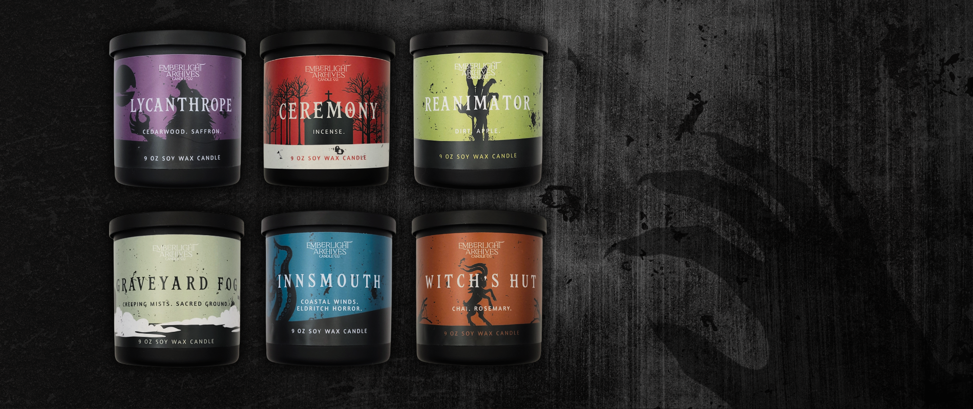 Set of six horror-themed candles aligned left upon a dark background. The set includes Lycanthrope, Ceremony, Reanimator, Graveyard Fog, Innsmouth, and Witch's Hut.