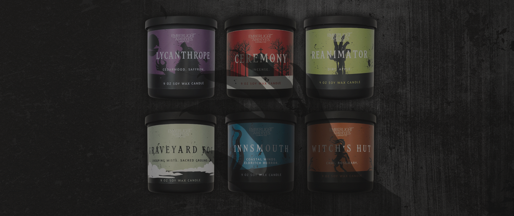 Set of six horror-themed candles centered upon a dark background. The set includes Lycanthrope, Ceremony, Reanimator, Graveyard Fog, Innsmouth, and Witch's Hut.
