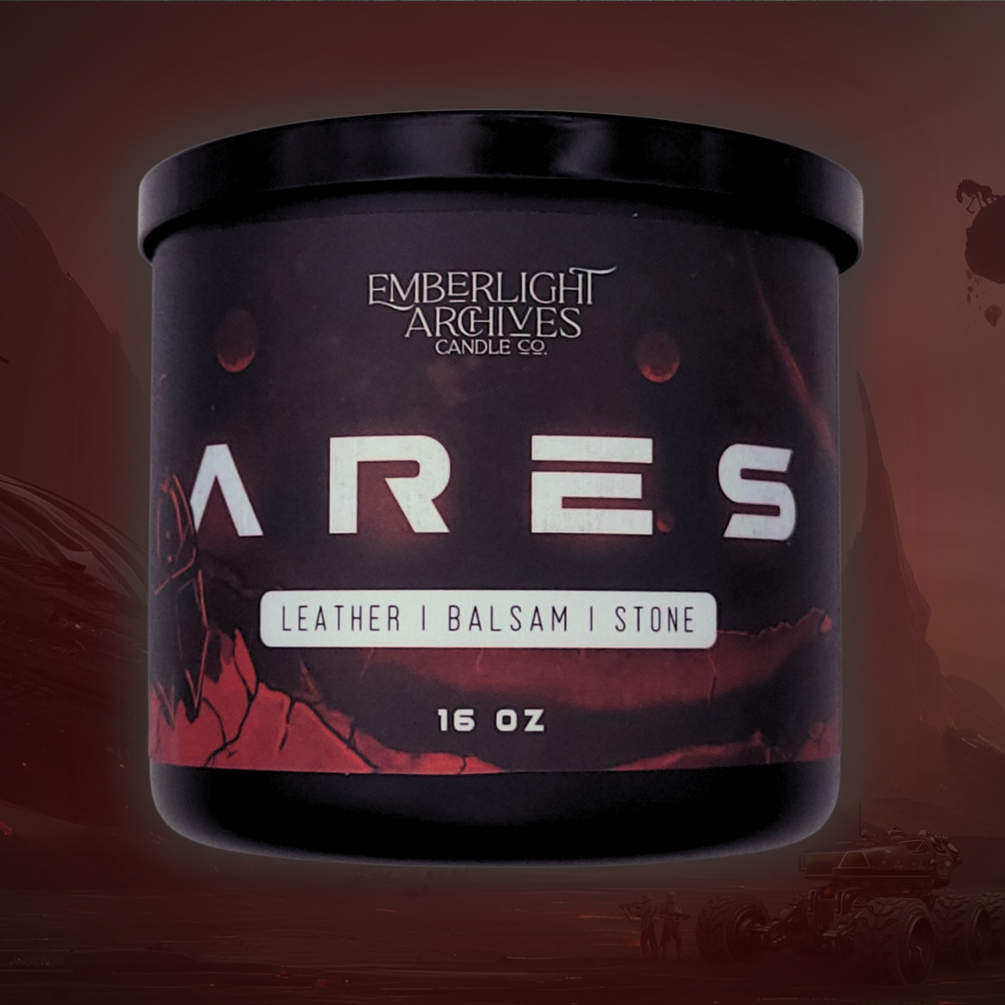 16oz Ares candle by Emberlight Archives in a black glass jar with illustrated red planet label against a red background, Leather & Balsam scent.