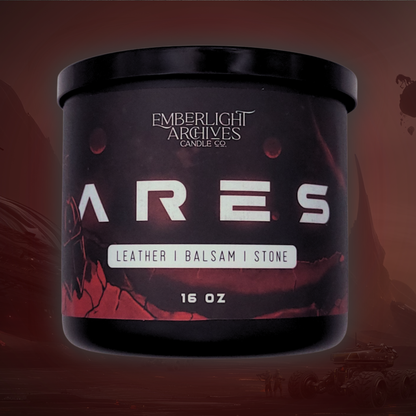 16oz Ares candle by Emberlight Archives in a black glass jar with illustrated red planet label against a red background, Leather & Balsam scent.
