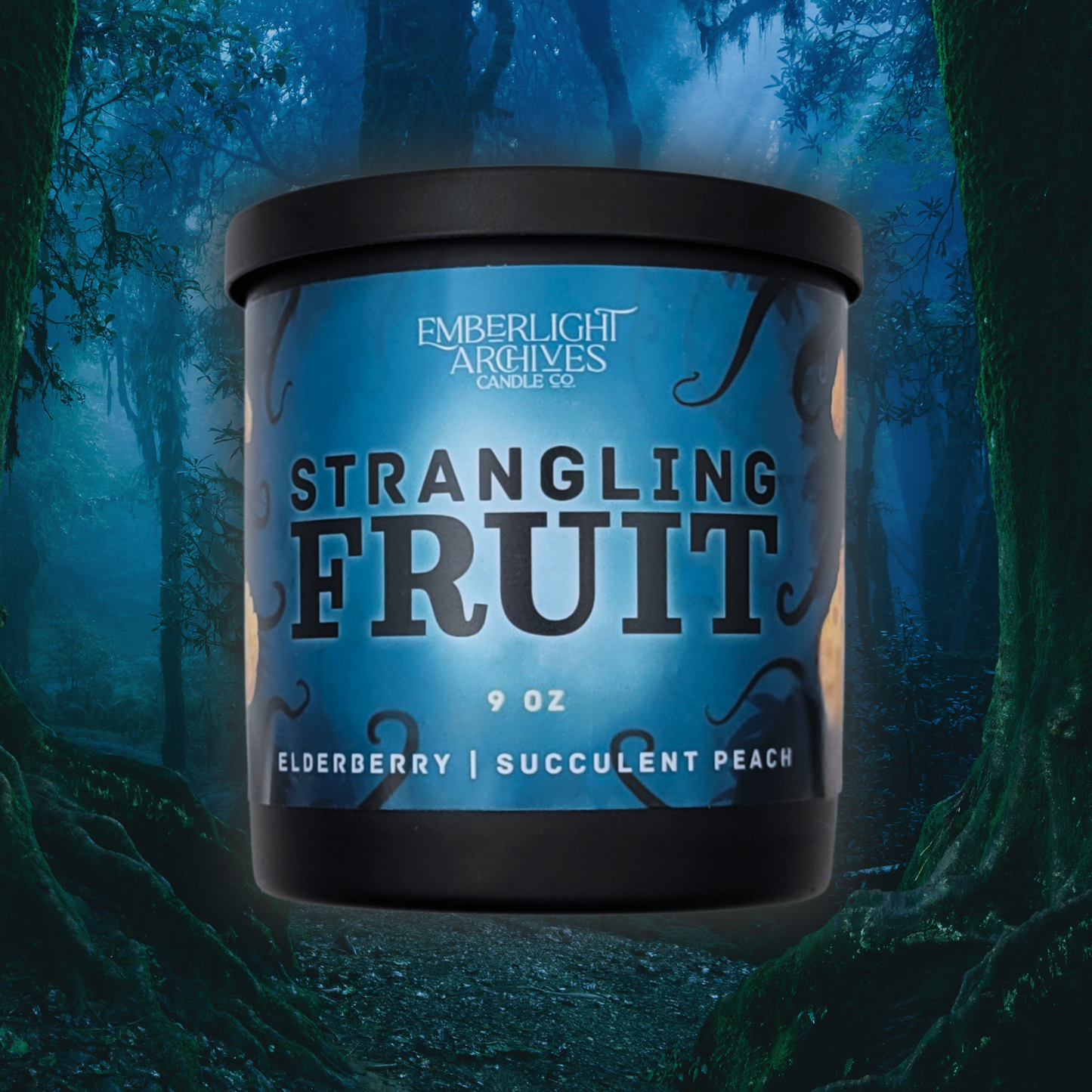 9oz Strangling Fruit candle by Emberlight Archives in a black glass jar with illustrated alien planet label against a forest background, Elderberry & Peach scent.