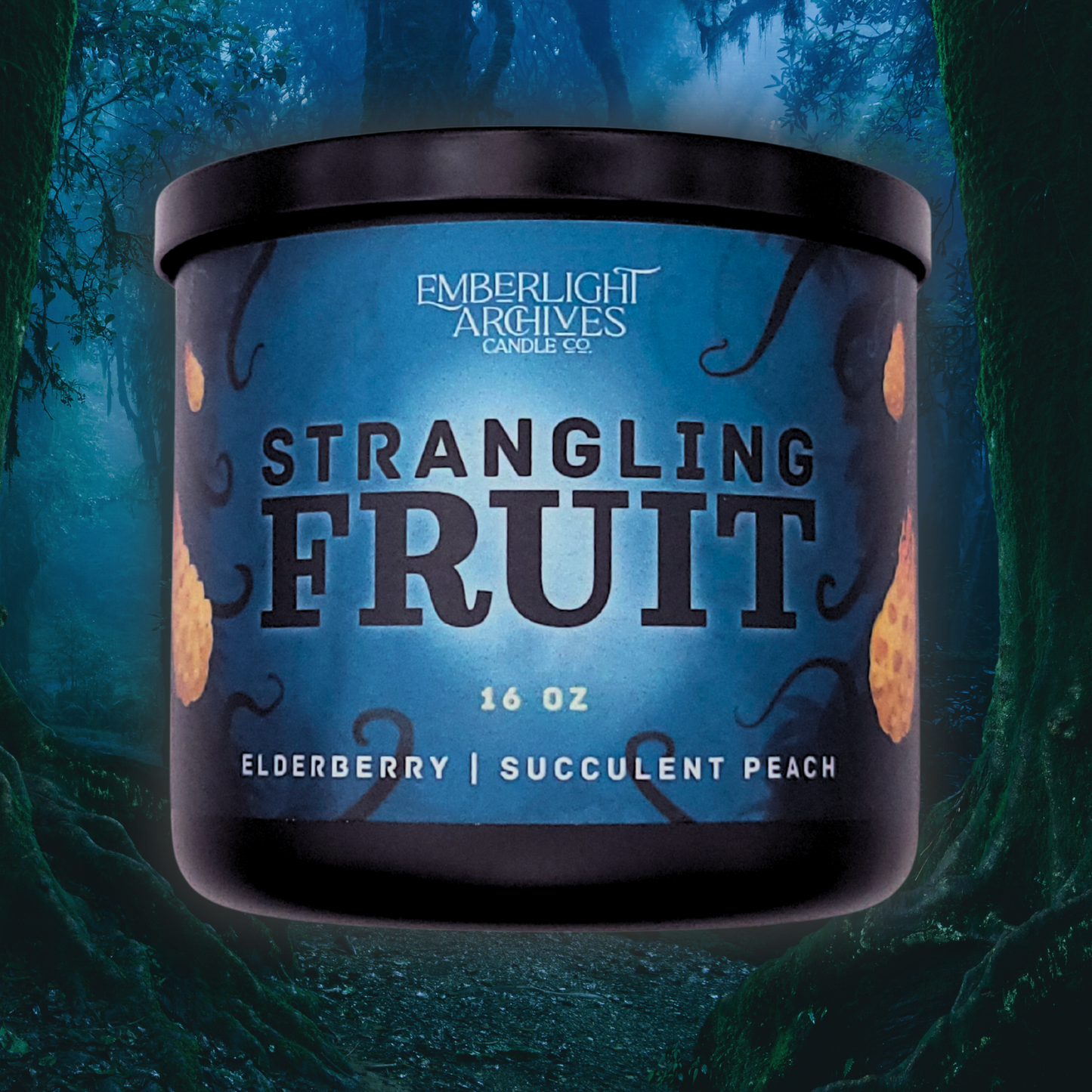 16oz Strangling Fruit candle by Emberlight Archives in a black glass jar with illustrated alien planet label against a forest background, Elderberry & Peach scent.