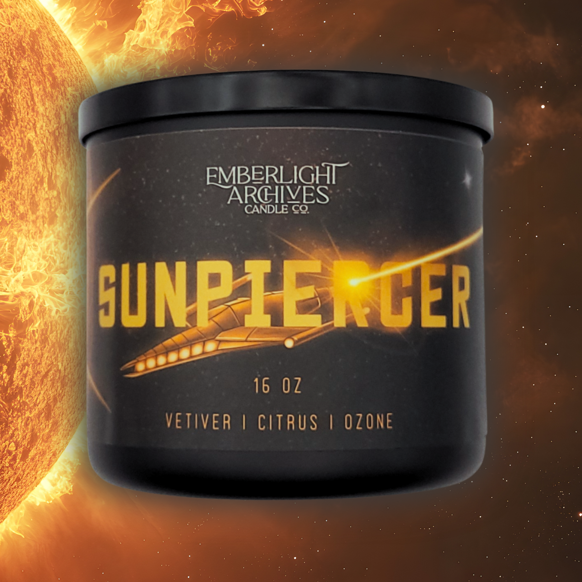 16oz Sunpiercer candle by Emberlight Archives in a black glass jar with illustrated spaceship label against an fiery background, Citrus scent.