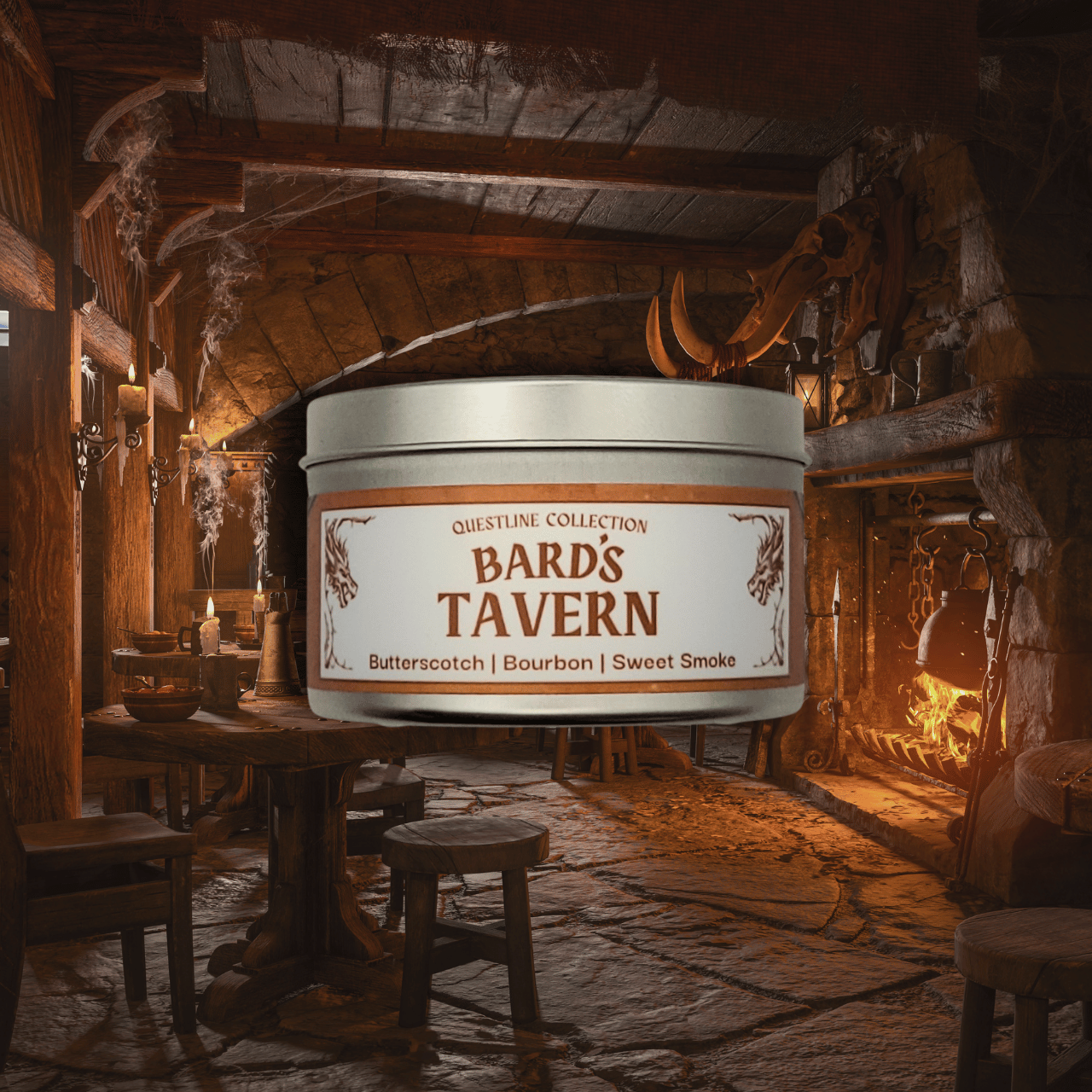 8oz Bard's Tavern candle by Emberlight Archives in a silver tin against a rustic tavern setting Butterscotch and Bourbon scent.