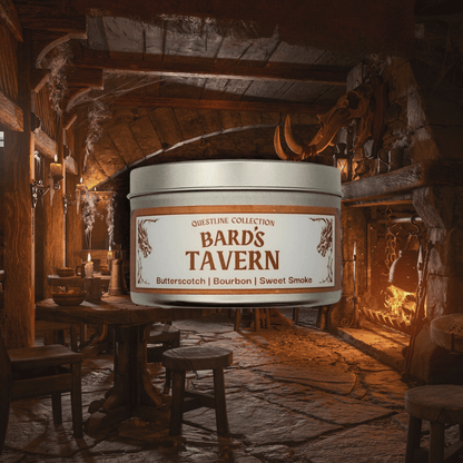 8oz Bard's Tavern candle by Emberlight Archives in a silver tin against a rustic tavern setting Butterscotch and Bourbon scent.