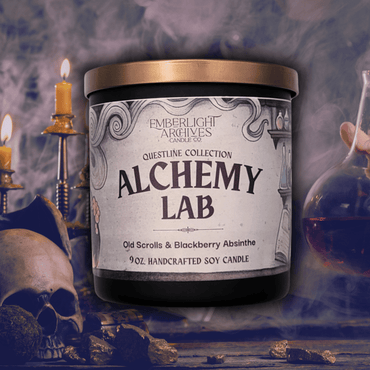 9oz Alchemy Lab candle by Emberlight Archives in a black glass jar with illustrated scrolls and potions label against a potions background, Old Scrolls and Blackberry Absinthe scent.