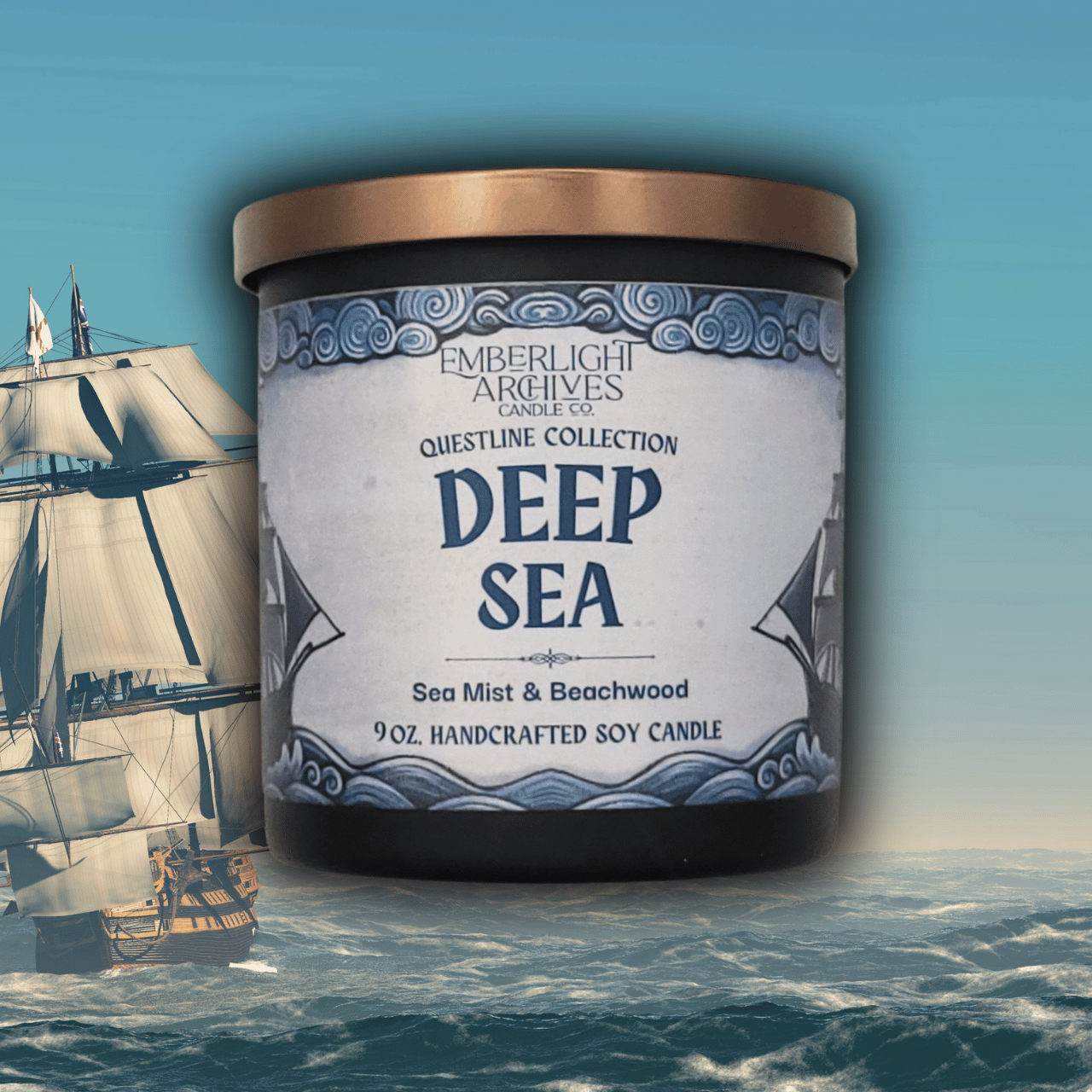 Emberlight Archives Deep Sea candle  in a black jar with illustrated sailing ship label against an ocean background, Sea Mist and Beachwood scent.
