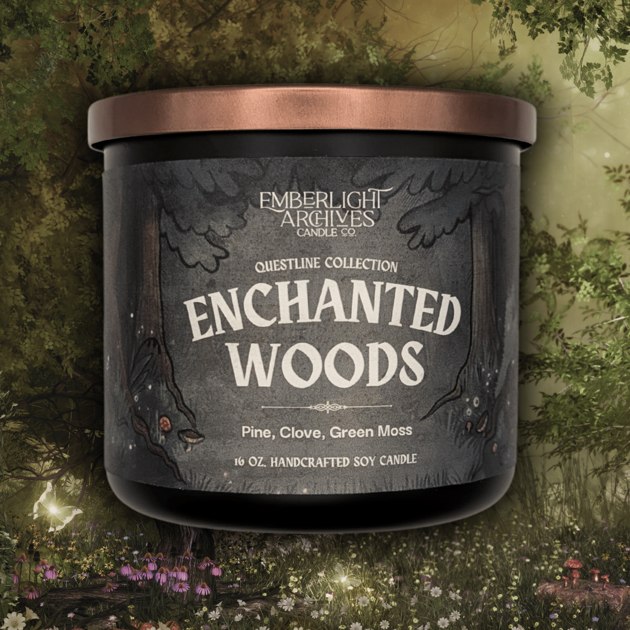 16oz Enchanted Woods candle by Emberlight Archives in a black glass jar with illustrated forest label against a forest background, Pine and Clove scent.