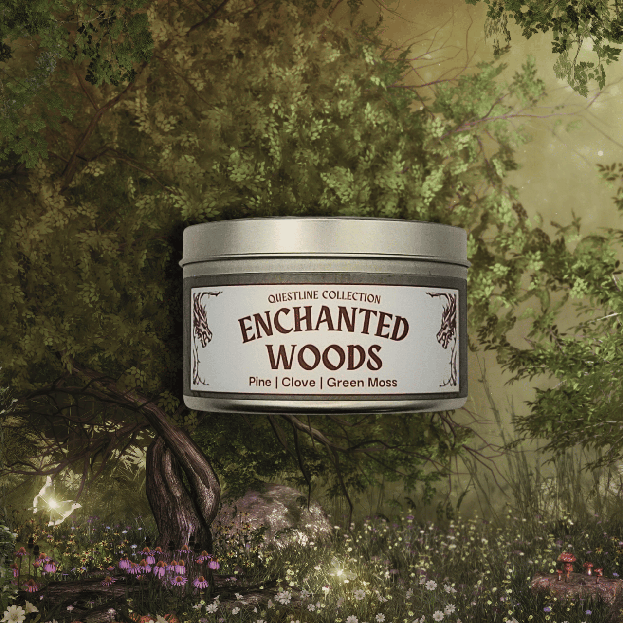 Emberlight Archives Enchanted Woods candle in an 8oz silver tin with illustrated forest label against a forest background, Pine and Clove scent.