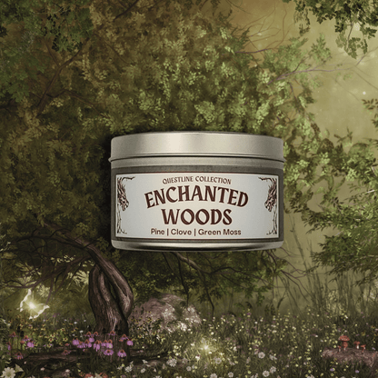 Emberlight Archives Enchanted Woods candle in an 8oz silver tin with illustrated forest label against a forest background, Pine and Clove scent.