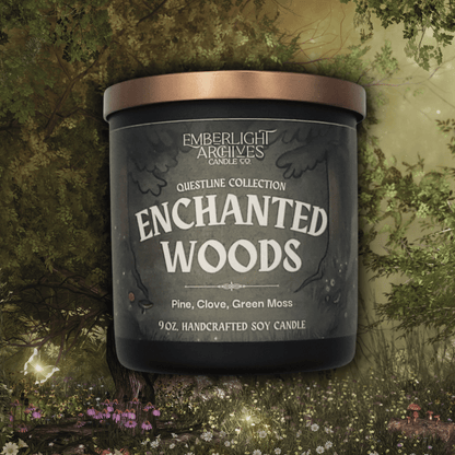 9oz Enchanted Woods candle by Emberlight Archives in a black glass jar with illustrated forest label against a forest background, Pine and Clove scent.