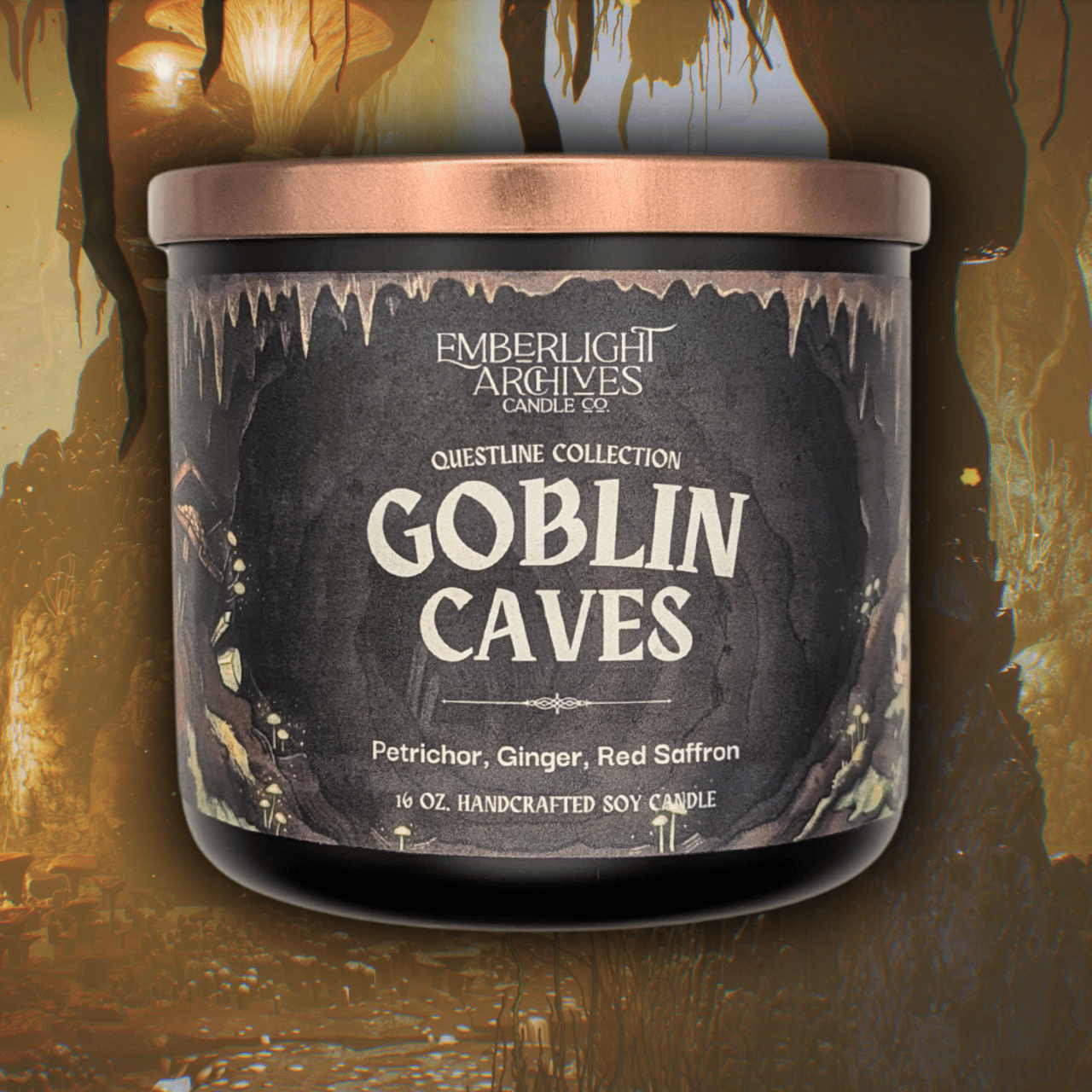 16oz Goblin Caves candle by Emberlight Archives in a black glass jar with illustrated cave label against a dark cave background, Petrichor and Ginger scent.