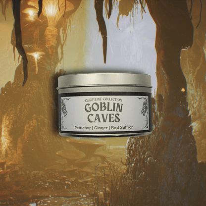 8oz Goblin Caves candle by Emberlight Archives in a black tin with illustrated cave label against a dark cave background, Petrichor and Ginger scent.