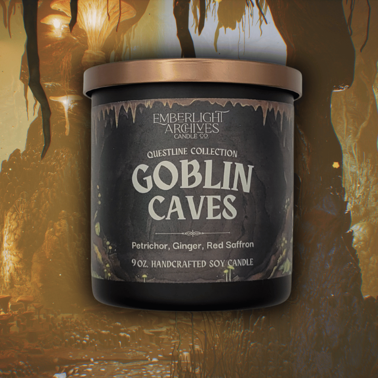 9oz Goblin Caves candle by Emberlight Archives in a black glass jar with illustrated cave label against a dark cave background, Petrichor and Ginger scent.