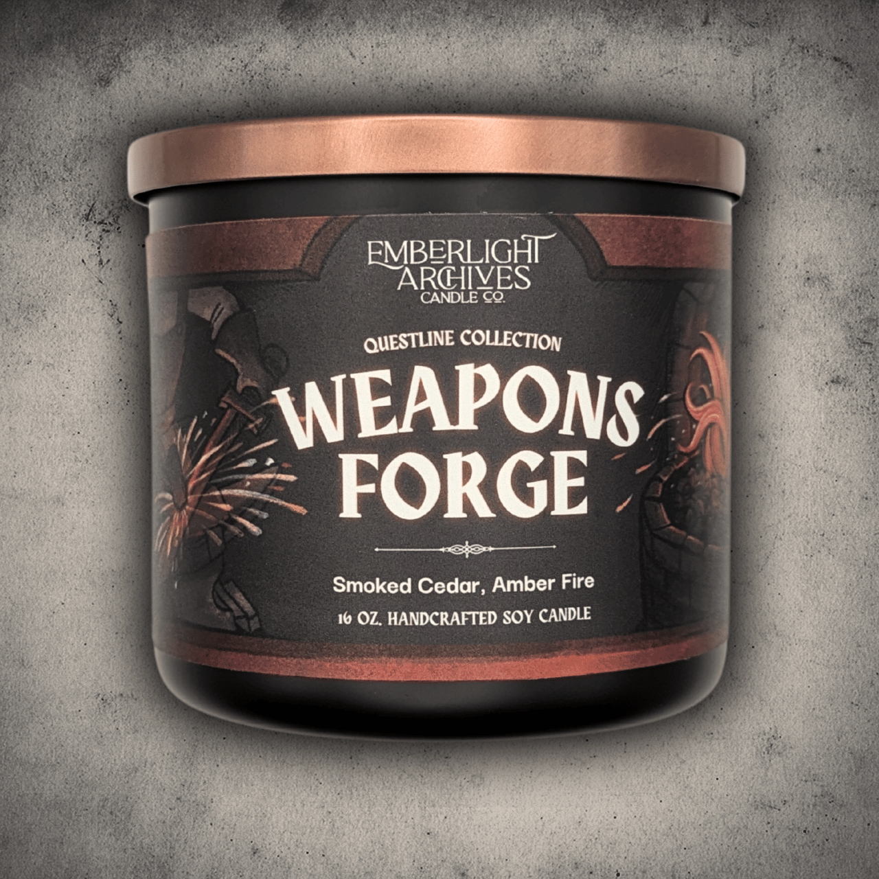 Emberlight Archives Weapon's Forge candle in a 16oz black glass jar with illustrated blacksmith label against a gray stone background, Amber and Cedar scent.