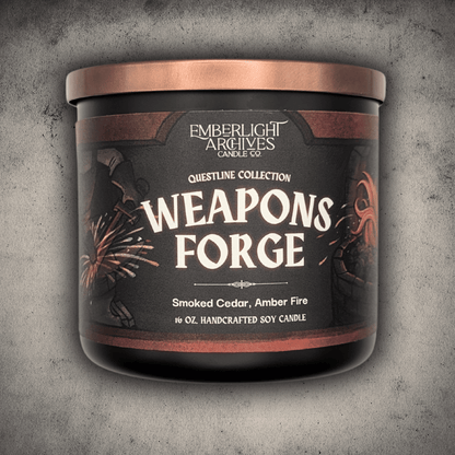 Emberlight Archives Weapon's Forge candle in a 16oz black glass jar with illustrated blacksmith label against a gray stone background, Amber and Cedar scent.