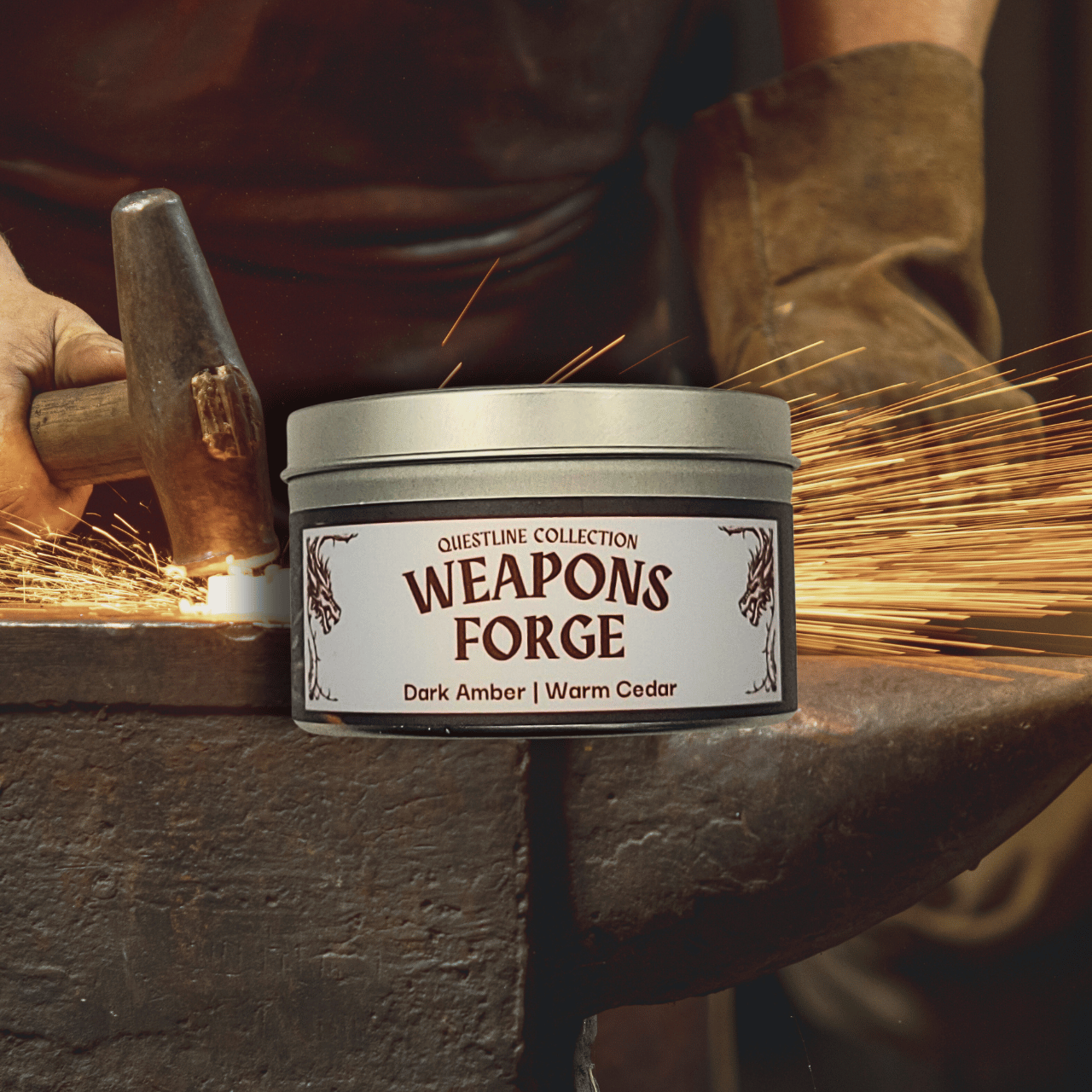 8oz Weapon's Forge candle by Emberlight Archives in a tin with illustrated blacksmith label against an  anvil background, Amber and Cedar scent.