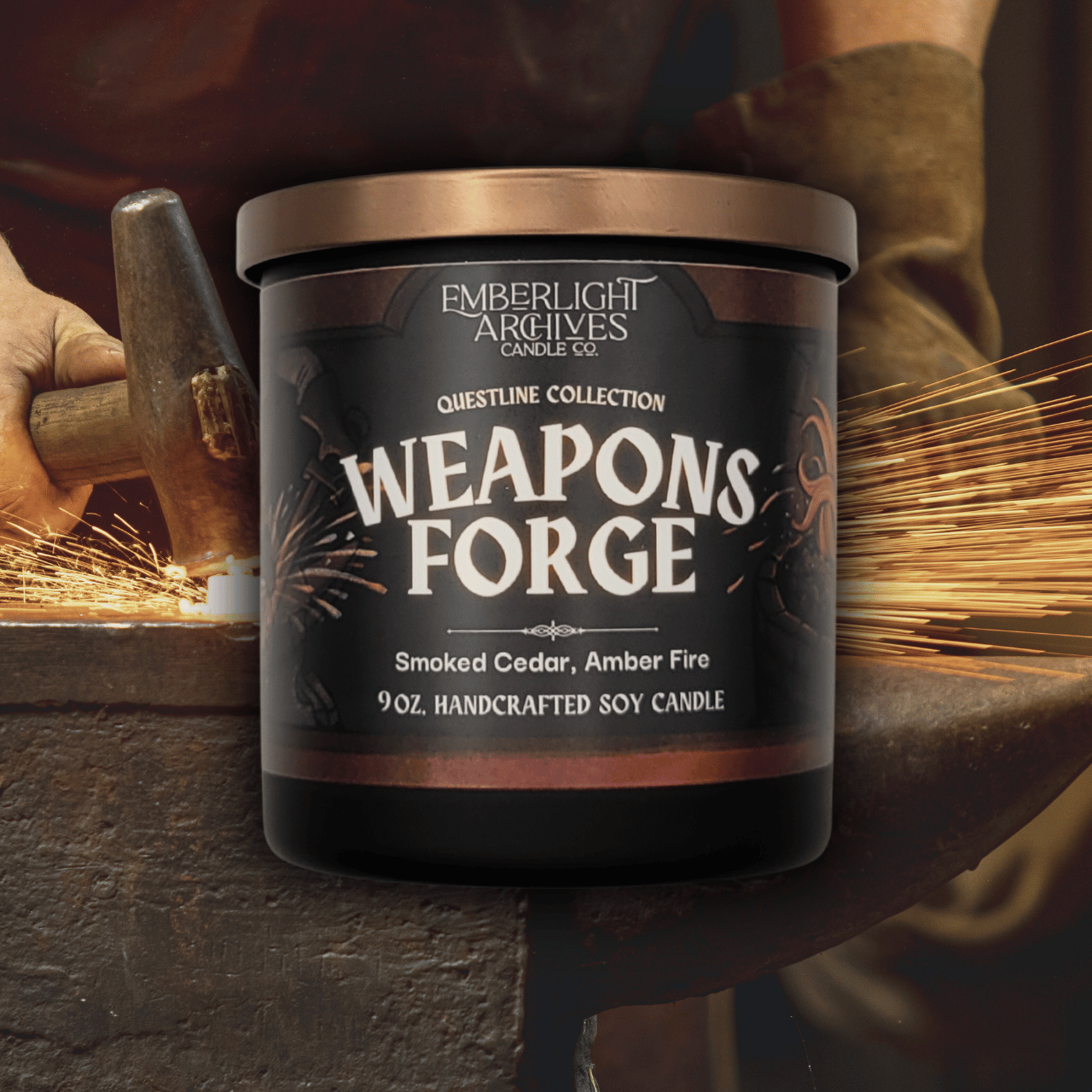 9oz Weapon's Forge candle by Emberlight Archives in a black glass jar with illustrated blacksmith label against an anvil and sparks background, Amber and Cedar scent.