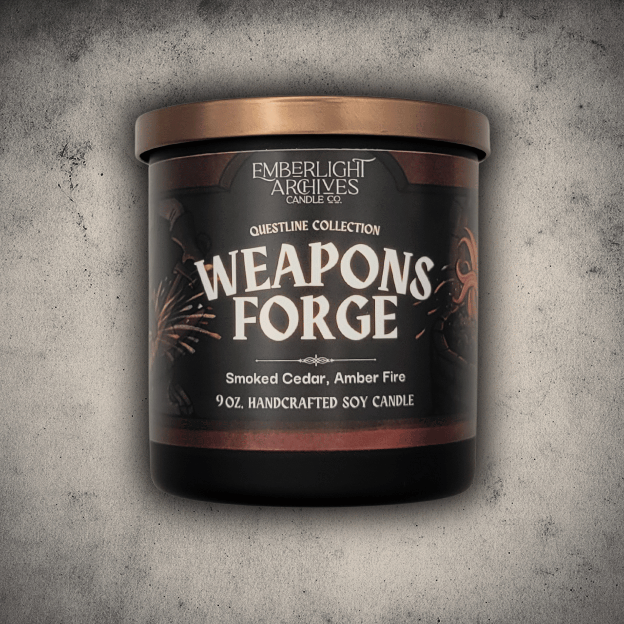 Emberlight Archives Weapon's Forge candle in a 9oz black glass jar with illustrated blacksmith label against a gray stone background, Amber and Cedar scent.