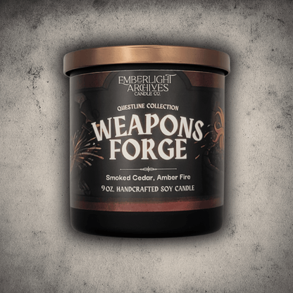 Emberlight Archives Weapon's Forge candle in a 9oz black glass jar with illustrated blacksmith label against a gray stone background, Amber and Cedar scent.