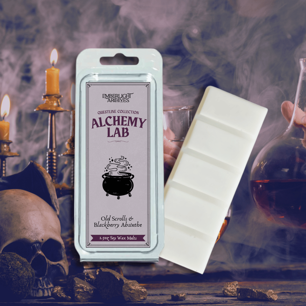 Alchemy Lab wax melt bar by Emberlight Archives with a purple label against a potions background, Old Scrolls and Blackberry Absinthe scent.