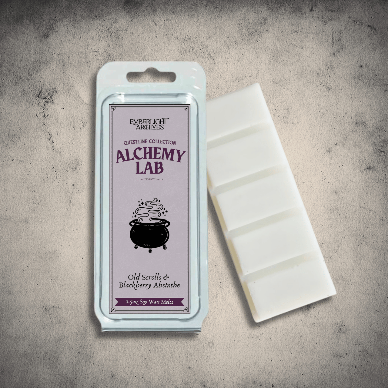 Emberlight Archives Alchemy Lab wax melt bar with a purple label against a gray stone background, Old Scrolls and Blackberry Absinthe scent.