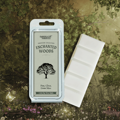 Enchanted Woods wax melt bar by Emberlight Archives with a green label against a forest background, Pine and Clove scent.