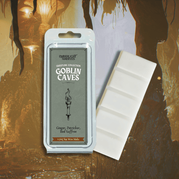 Goblin Caves wax melt bar by Emberlight Archives with a green label against a dark cave background, Petrichor and Ginger scent.