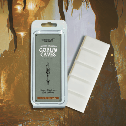 Goblin Caves wax melt bar by Emberlight Archives with a green label against a dark cave background, Petrichor and Ginger scent.
