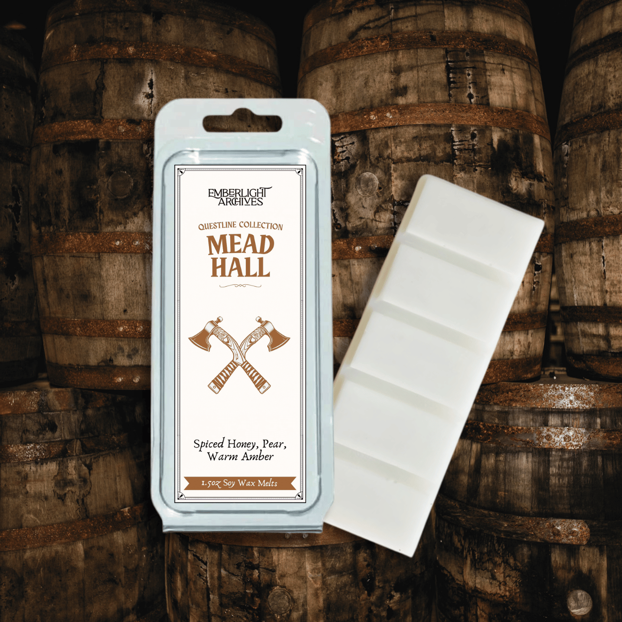 Mead Hall wax melt bar by Emberlight Archives with a tan label against a mead barrels background, Pear and Spiced Honey scent.