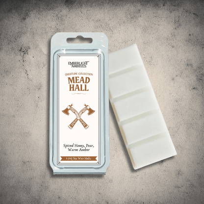 Emberlight Archives Mead Hall wax melt bar with a tan label against a gray stone background, Pear and Spiced Honey scent.