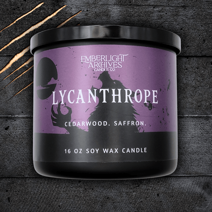 Lycanthrope horror candle by Emberlight Archives – 16oz black glass jar with purple werewolf label against a dark background, Cedarwood & Saffron scent.